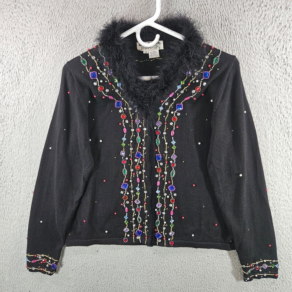 Jack B Quick Vintage Beaded Cardigan Black Faux Fur Collar Jewels Size M